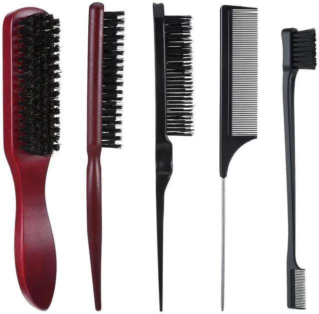 Main image of 5 Pcs Slick Back Hair Brush Set, Bristle Hair Brush Edge Control Brush Teasing Comb, Wax Stick for Hair & Wig Flyaways, For Smooth Hair Parting Smooth Flyaways