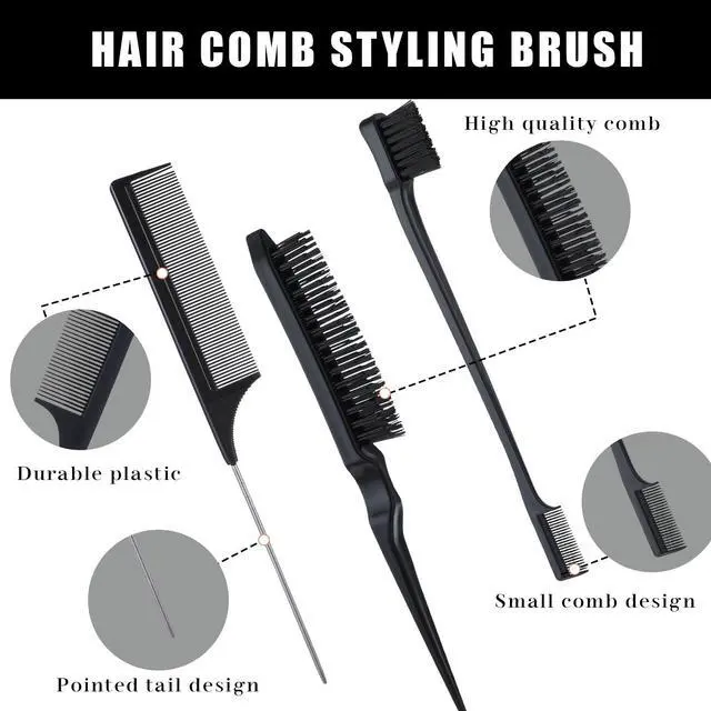 Alt view image 3 of 7 - 5 Pcs Slick Back Hair Brush Set, Bristle Hair Brush Edge Control Brush Teasing Comb, Wax Stick for Hair & Wig Flyaways, For Smooth Hair Parting Smooth Flyaways