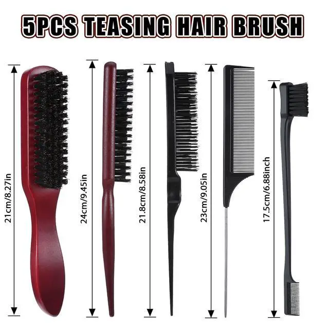 Alt view image 5 of 7 - 5 Pcs Slick Back Hair Brush Set, Bristle Hair Brush Edge Control Brush Teasing Comb, Wax Stick for Hair & Wig Flyaways, For Smooth Hair Parting Smooth Flyaways