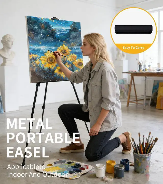 Alt view image 5 of 7 - Art Painting Artist Easel Stand, Portable Adjustable Easels with Carry Bag,Tripod Display Easel Height from 17 to 63 Inch for Table-Top/Floor Displaying and Wedding Signs, Black