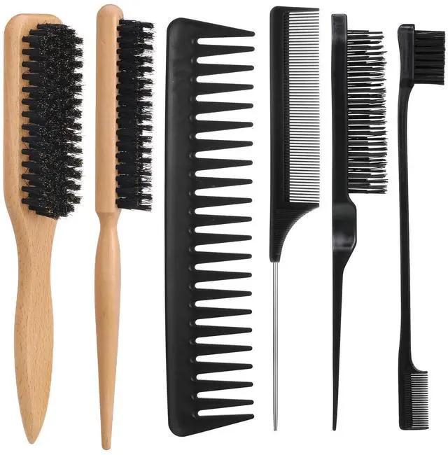 Main image of 6PCS Boar Bristle Slick Back Hair Brush with Edge Brush Rat Tail Comb, Wide Tooth Comb for Men Women