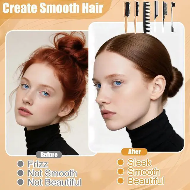 Alt view image 2 of 7 - 6PCS Boar Bristle Slick Back Hair Brush with Edge Brush Rat Tail Comb, Wide Tooth Comb for Men Women