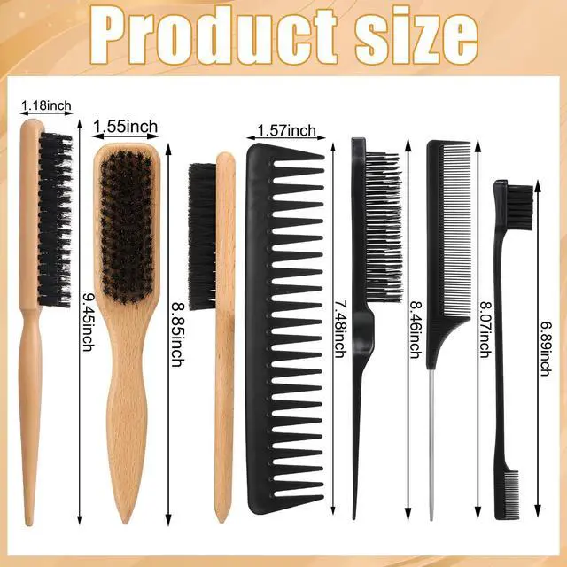 Alt view image 4 of 7 - 6PCS Boar Bristle Slick Back Hair Brush with Edge Brush Rat Tail Comb, Wide Tooth Comb for Men Women