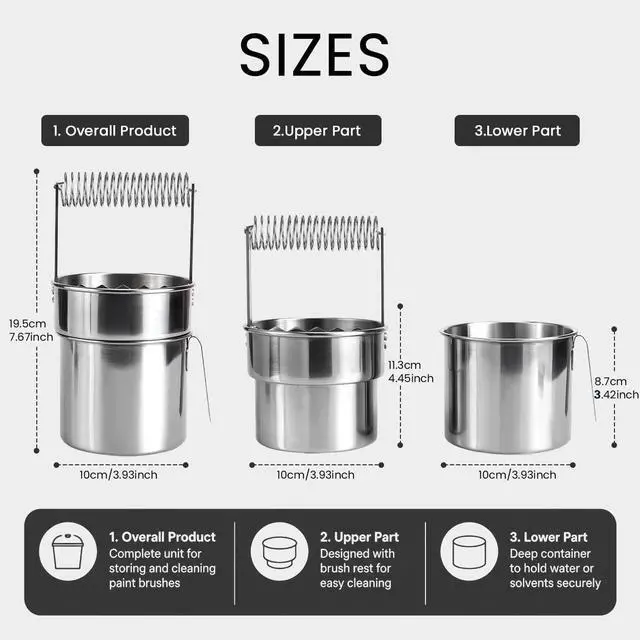Alt view image 2 of 7 - Double Layer Paint Brush Washer, Stainless Steel Oil Paint Brush Cleaner with Spiral Holder, Removable Strainer and Wash Tank for Oil, Acrylic, Watercolor