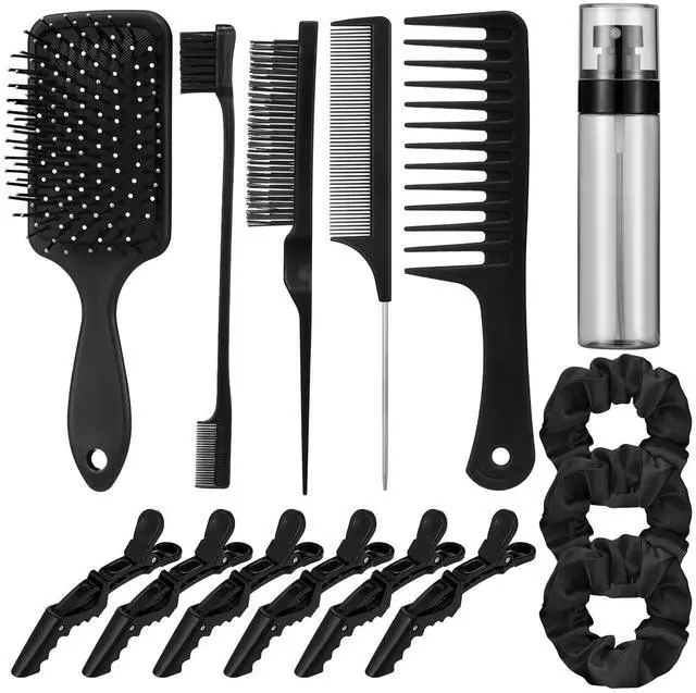 Main image of 15 Pcs Slick Back Hair Brush Set, Bristle Comb with Spray Bottle,Hair Clip,Edge Brush for Women, Men (Black)