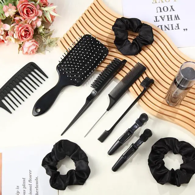 Alt view image 2 of 7 - 15 Pcs Slick Back Hair Brush Set, Bristle Comb with Spray Bottle,Hair Clip,Edge Brush for Women, Men (Black)
