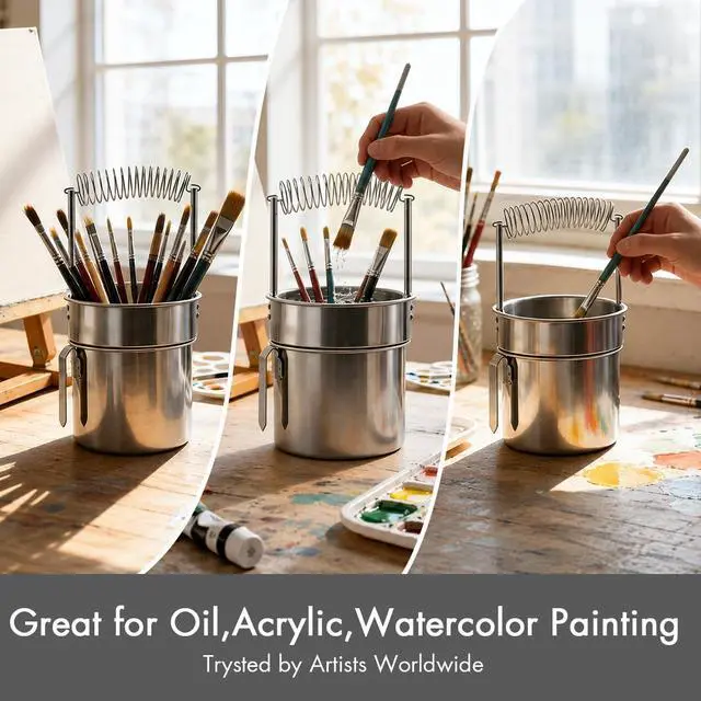 Alt view image 3 of 7 - Double Layer Paint Brush Washer, Stainless Steel Oil Paint Brush Cleaner with Spiral Holder, Removable Strainer and Wash Tank for Oil, Acrylic, Watercolor