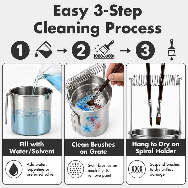 Alt view image 4 of 7 - Double Layer Paint Brush Washer, Stainless Steel Oil Paint Brush Cleaner with Spiral Holder, Removable Strainer and Wash Tank for Oil, Acrylic, Watercolor