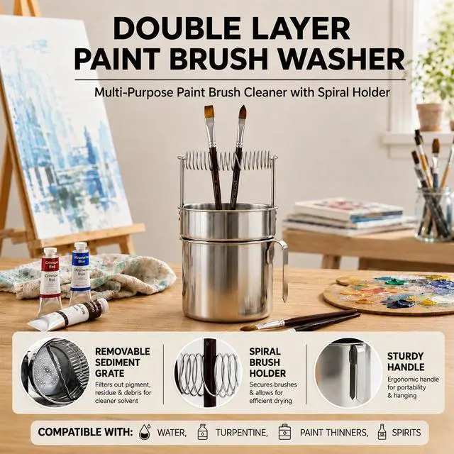 Alt view image 6 of 7 - Double Layer Paint Brush Washer, Stainless Steel Oil Paint Brush Cleaner with Spiral Holder, Removable Strainer and Wash Tank for Oil, Acrylic, Watercolor