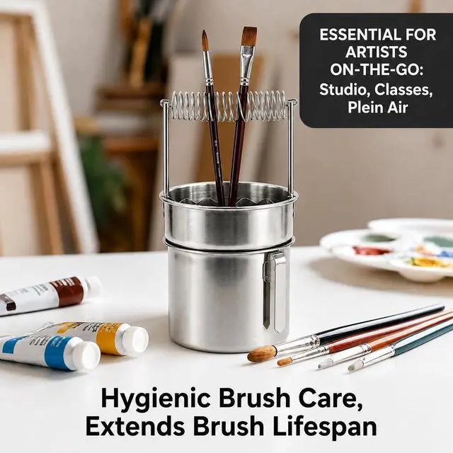 Alt view image 5 of 7 - Double Layer Paint Brush Washer, Stainless Steel Oil Paint Brush Cleaner with Spiral Holder, Removable Strainer and Wash Tank for Oil, Acrylic, Watercolor