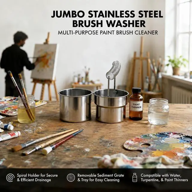 Alt view image 7 of 7 - Double Layer Paint Brush Washer, Stainless Steel Oil Paint Brush Cleaner with Spiral Holder, Removable Strainer and Wash Tank for Oil, Acrylic, Watercolor