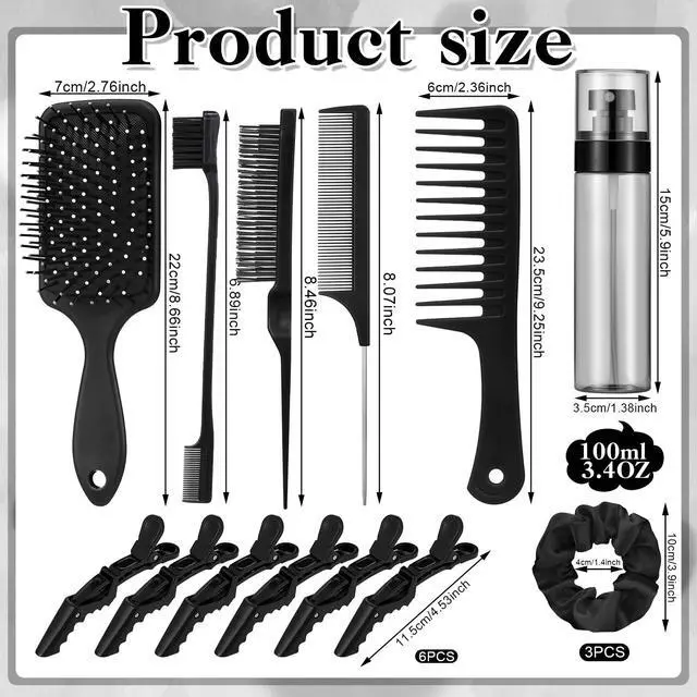 Alt view image 4 of 7 - 15 Pcs Slick Back Hair Brush Set, Bristle Comb with Spray Bottle,Hair Clip,Edge Brush for Women, Men (Black)