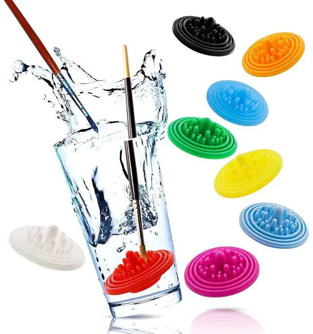 Alt view image 2 of 7 - Paint Brush Cleaner (3-Pack, Multicolor) Reusable Silicone Insert with Suction & Nubs for Cleaning Acrylic, Oil & Watercolor Brushes Fits Cups for Classroom, Studio & Home Use