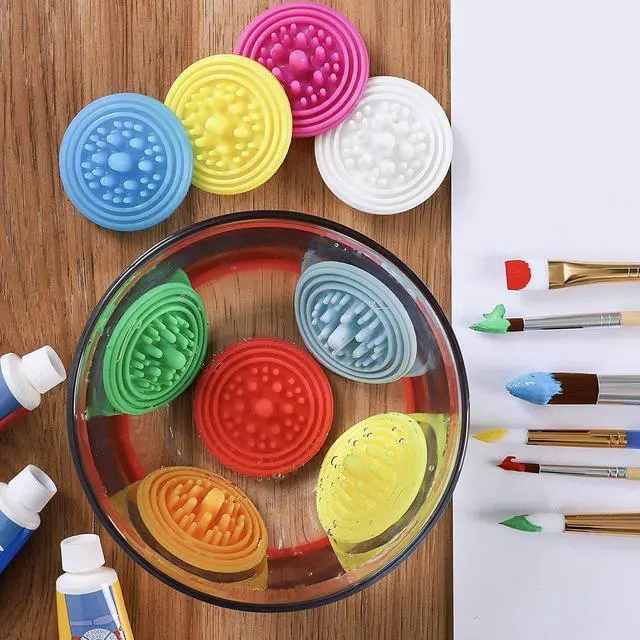 Alt view image 4 of 7 - Paint Brush Cleaner (3-Pack, Multicolor) Reusable Silicone Insert with Suction & Nubs for Cleaning Acrylic, Oil & Watercolor Brushes Fits Cups for Classroom, Studio & Home Use