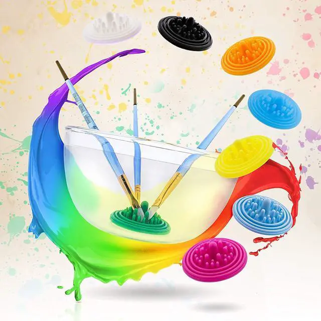 Alt view image 6 of 7 - Paint Brush Cleaner (3-Pack, Multicolor) Reusable Silicone Insert with Suction & Nubs for Cleaning Acrylic, Oil & Watercolor Brushes Fits Cups for Classroom, Studio & Home Use