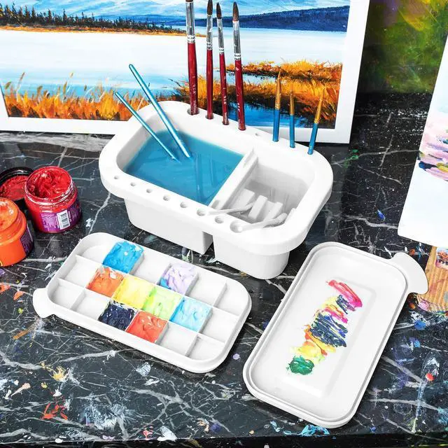 Alt view image 6 of 6 - Paint Brush Cleaner, Paint Brush Holder and Organizers with Palette for Acrylic, Watercolor, and Water-Based Paints (White)