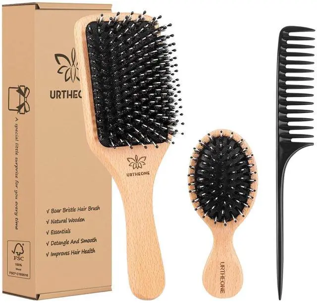 Main image of Boar Bristle Hair Brush and Comb Set for Women Men Kids, Best Natural Wooden Paddle Hairbrush and Small Travel Styling Brush for Wet or Dry Hair Detangling Smoothing Massaging