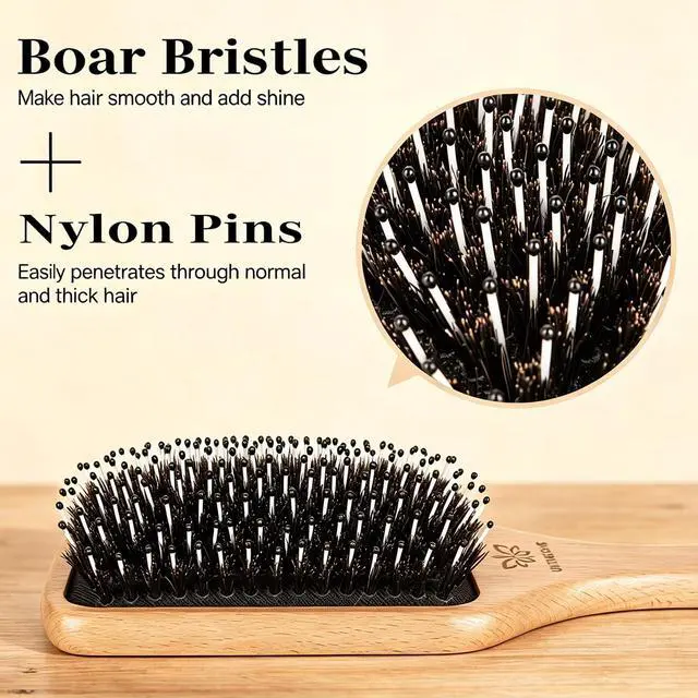 Alt view image 2 of 7 - Boar Bristle Hair Brush and Comb Set for Women Men Kids, Best Natural Wooden Paddle Hairbrush and Small Travel Styling Brush for Wet or Dry Hair Detangling Smoothing Massaging