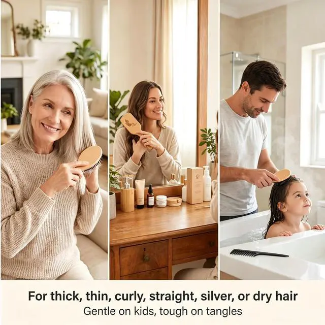 Alt view image 3 of 7 - Boar Bristle Hair Brush and Comb Set for Women Men Kids, Best Natural Wooden Paddle Hairbrush and Small Travel Styling Brush for Wet or Dry Hair Detangling Smoothing Massaging