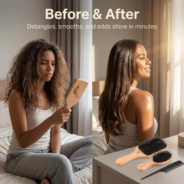 Alt view image 4 of 7 - Boar Bristle Hair Brush and Comb Set for Women Men Kids, Best Natural Wooden Paddle Hairbrush and Small Travel Styling Brush for Wet or Dry Hair Detangling Smoothing Massaging