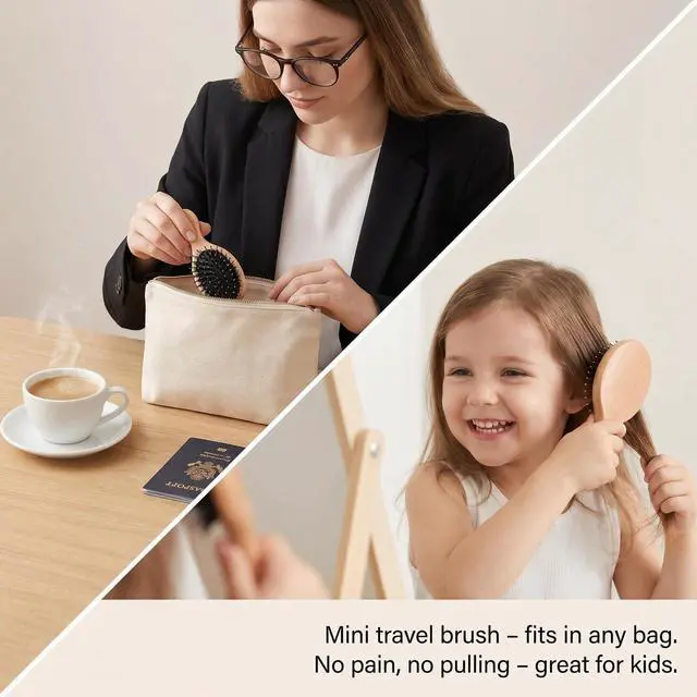Alt view image 5 of 7 - Boar Bristle Hair Brush and Comb Set for Women Men Kids, Best Natural Wooden Paddle Hairbrush and Small Travel Styling Brush for Wet or Dry Hair Detangling Smoothing Massaging