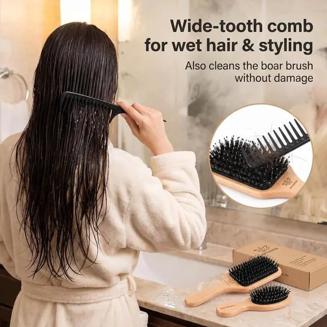 Alt view image 6 of 7 - Boar Bristle Hair Brush and Comb Set for Women Men Kids, Best Natural Wooden Paddle Hairbrush and Small Travel Styling Brush for Wet or Dry Hair Detangling Smoothing Massaging