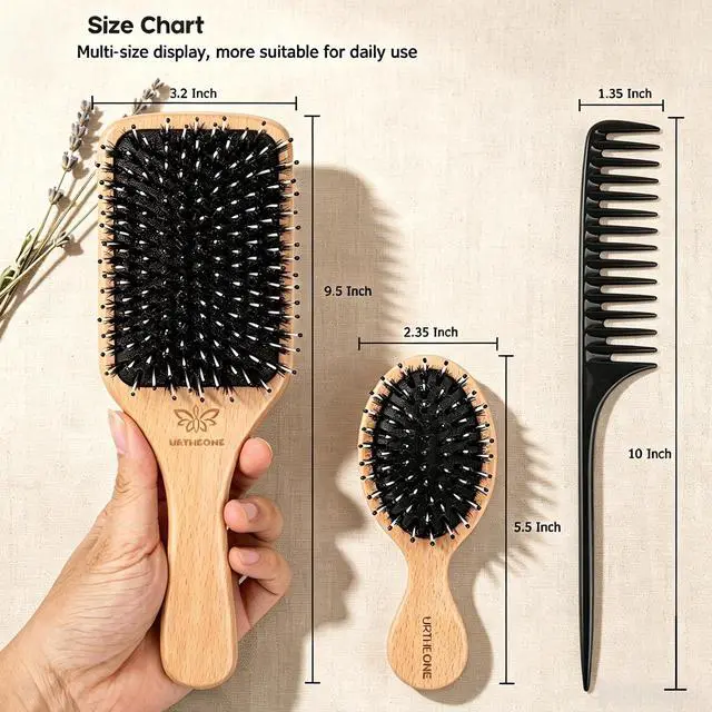 Alt view image 7 of 7 - Boar Bristle Hair Brush and Comb Set for Women Men Kids, Best Natural Wooden Paddle Hairbrush and Small Travel Styling Brush for Wet or Dry Hair Detangling Smoothing Massaging