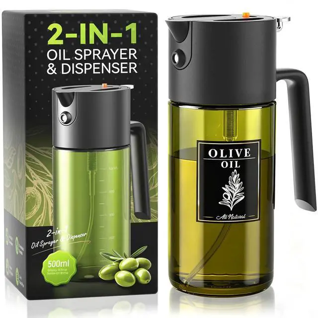 Main image of 2-IN-1 Oil Sprayer for Cooking, 500ML Light-Blocking Glass Oil Dispenser for Kitchen, Olive Oil Spray Bottle with Leak-Proof,Cooking Spray with Portion Control for BBQ, Air Fryer, Salad - Black