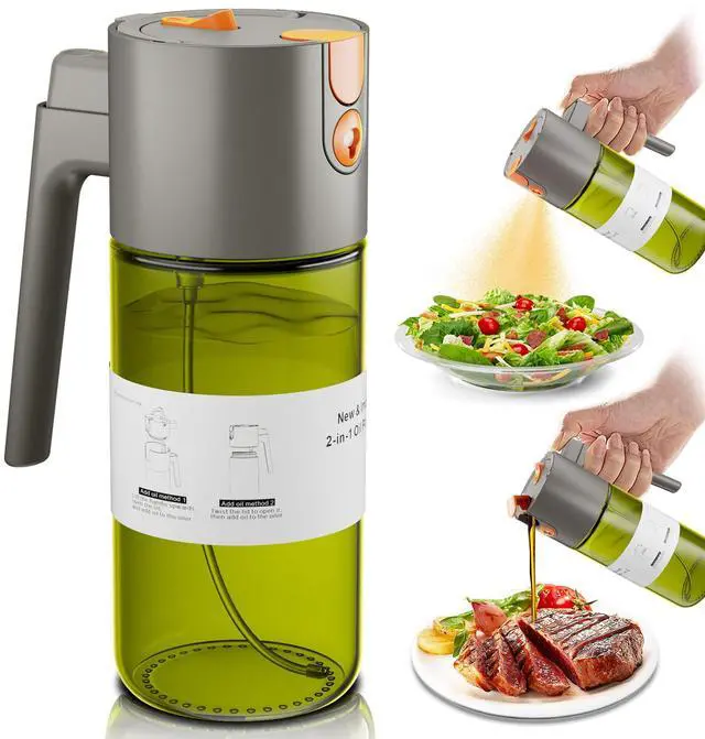 Main image of Upgrade 2 in 1 Oil Sprayer for Cooking, 17oz Light-Blocking Glass Olive Oil Dispenser Bottle for Kitchen,Food-Grade Oil Mister with 8 Stickers for Salad, Frying (Green Bottle-Grey Gap)