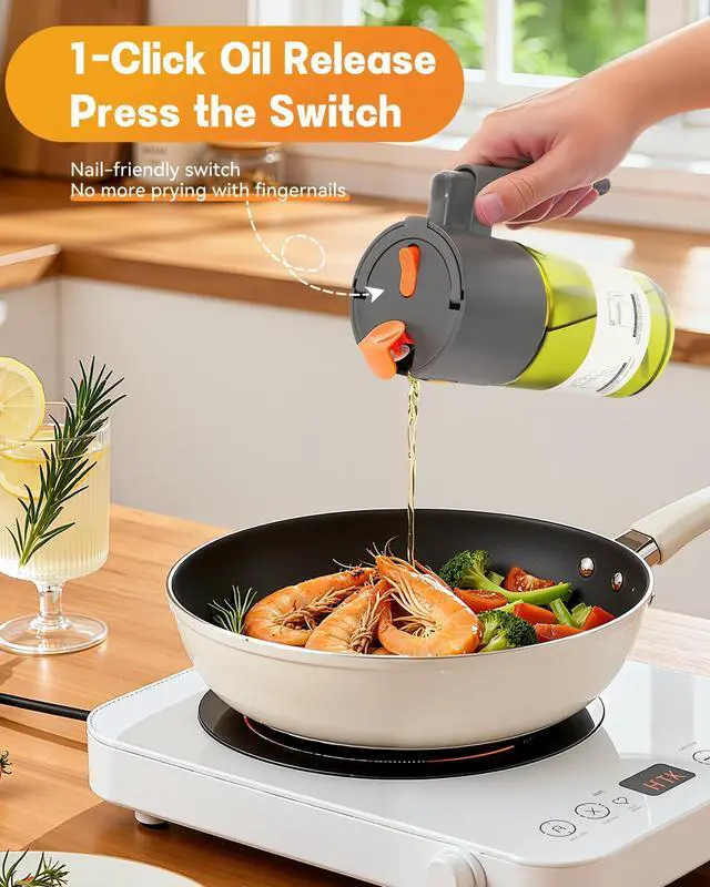 Alt view image 4 of 7 - Upgrade 2 in 1 Oil Sprayer for Cooking, 17oz Light-Blocking Glass Olive Oil Dispenser Bottle for Kitchen,Food-Grade Oil Mister with 8 Stickers for Salad, Frying (Green Bottle-Grey Gap)