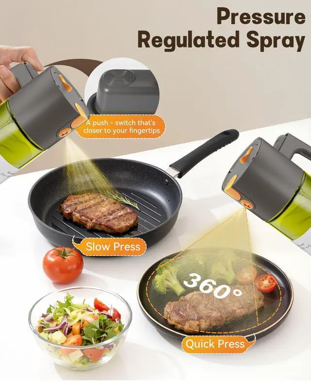 Alt view image 3 of 7 - Upgrade 2 in 1 Oil Sprayer for Cooking, 17oz Light-Blocking Glass Olive Oil Dispenser Bottle for Kitchen,Food-Grade Oil Mister with 8 Stickers for Salad, Frying (Green Bottle-Grey Gap)