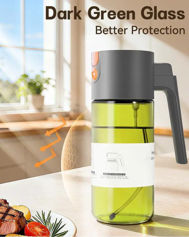 Alt view image 6 of 7 - Upgrade 2 in 1 Oil Sprayer for Cooking, 17oz Light-Blocking Glass Olive Oil Dispenser Bottle for Kitchen,Food-Grade Oil Mister with 8 Stickers for Salad, Frying (Green Bottle-Grey Gap)