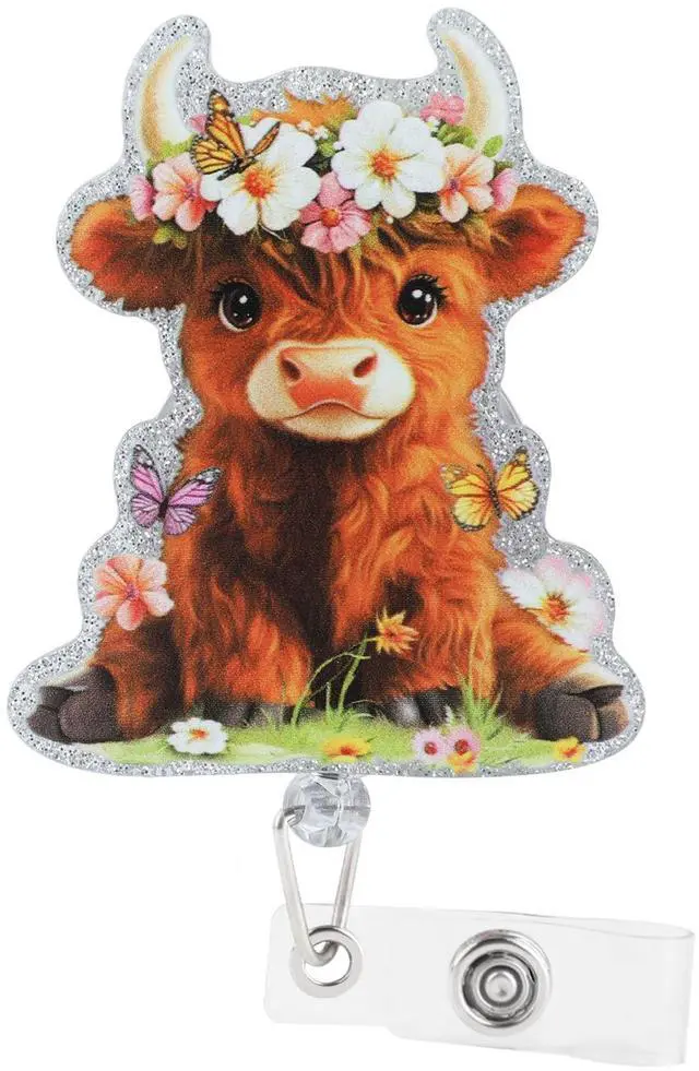 Main image of Highland Cow Badge Reel, Cute Cow Nurse Badge Reel with Retractable Clip, Acrylic Funny ID Name Clip Tag for Nursing Student RN MA CNA LPN Medical Worker Teacher Office Schools