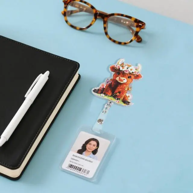 Alt view image 2 of 7 - Highland Cow Badge Reel, Cute Cow Nurse Badge Reel with Retractable Clip, Acrylic Funny ID Name Clip Tag for Nursing Student RN MA CNA LPN Medical Worker Teacher Office Schools