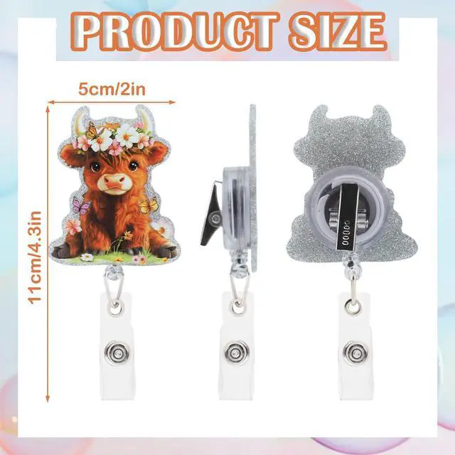 Alt view image 3 of 7 - Highland Cow Badge Reel, Cute Cow Nurse Badge Reel with Retractable Clip, Acrylic Funny ID Name Clip Tag for Nursing Student RN MA CNA LPN Medical Worker Teacher Office Schools