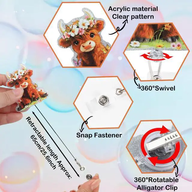 Alt view image 4 of 7 - Highland Cow Badge Reel, Cute Cow Nurse Badge Reel with Retractable Clip, Acrylic Funny ID Name Clip Tag for Nursing Student RN MA CNA LPN Medical Worker Teacher Office Schools