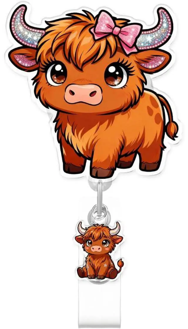 Main image of Cute Highland Cattle Badge Reel for ID Card, Funny Bow Cattle Retractable Nurse Alligator Clip Badge Reel for Women, ID Name Tag Badge Holder for Office School Hospital Nurses Doctors Teachers