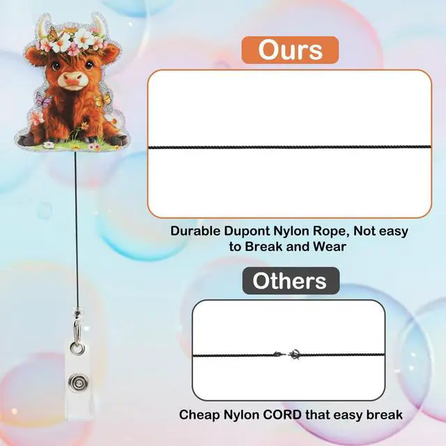 Alt view image 6 of 7 - Highland Cow Badge Reel, Cute Cow Nurse Badge Reel with Retractable Clip, Acrylic Funny ID Name Clip Tag for Nursing Student RN MA CNA LPN Medical Worker Teacher Office Schools