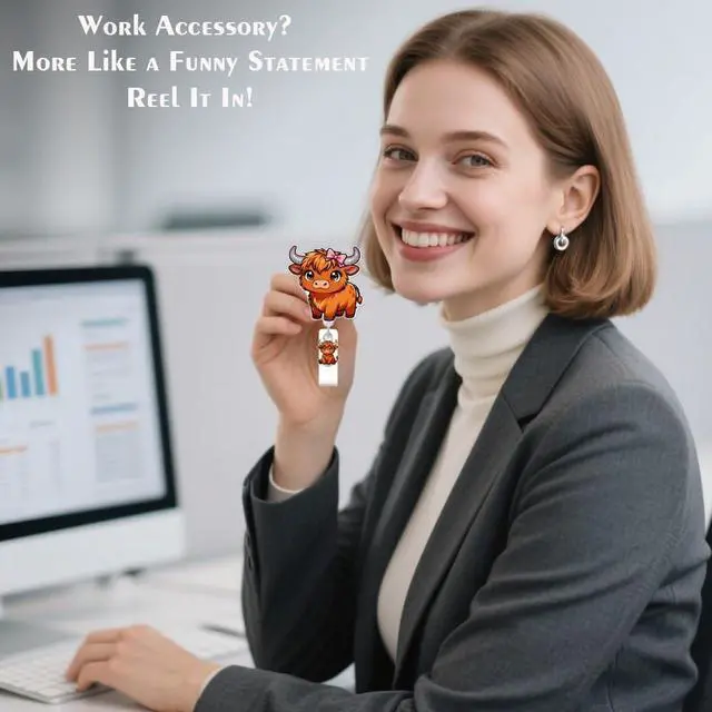 Alt view image 3 of 7 - Cute Highland Cattle Badge Reel for ID Card, Funny Bow Cattle Retractable Nurse Alligator Clip Badge Reel for Women, ID Name Tag Badge Holder for Office School Hospital Nurses Doctors Teachers