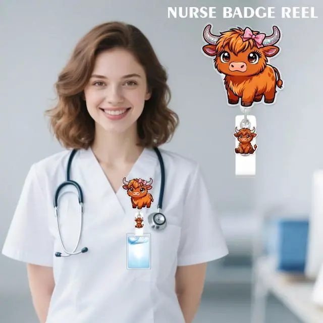 Alt view image 2 of 7 - Cute Highland Cattle Badge Reel for ID Card, Funny Bow Cattle Retractable Nurse Alligator Clip Badge Reel for Women, ID Name Tag Badge Holder for Office School Hospital Nurses Doctors Teachers