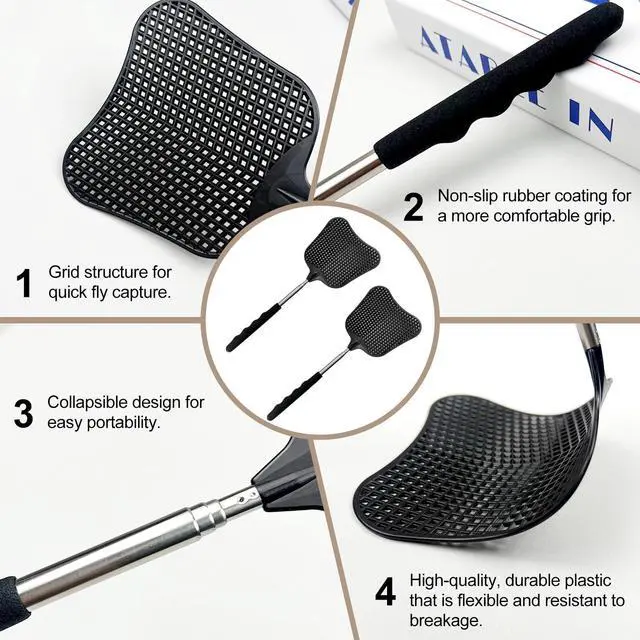 Alt view image 3 of 7 - 2-Pack Heavy Duty Telescopic Swatters Durable Plastic Paddle with Extendable Stainless Steel Handle for Home, Office, and Outdoor Use