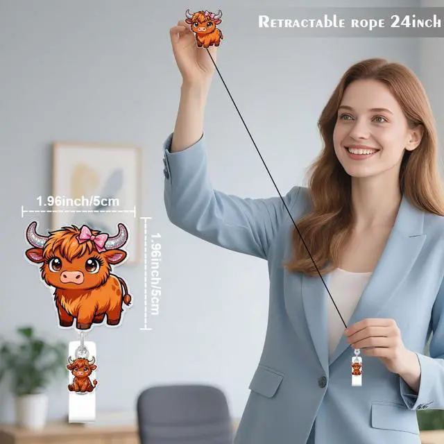 Alt view image 4 of 7 - Cute Highland Cattle Badge Reel for ID Card, Funny Bow Cattle Retractable Nurse Alligator Clip Badge Reel for Women, ID Name Tag Badge Holder for Office School Hospital Nurses Doctors Teachers