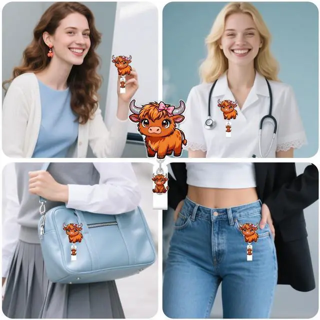 Alt view image 7 of 7 - Cute Highland Cattle Badge Reel for ID Card, Funny Bow Cattle Retractable Nurse Alligator Clip Badge Reel for Women, ID Name Tag Badge Holder for Office School Hospital Nurses Doctors Teachers