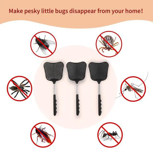 Alt view image 4 of 7 - Fly Swatters 3 Pack Black, Durable Telescopic Stainless Steel Handle, Heavy Duty Upgraded Plastic Fly Swatter Set for Indoor Outdoor Home Hiking Camping Garden