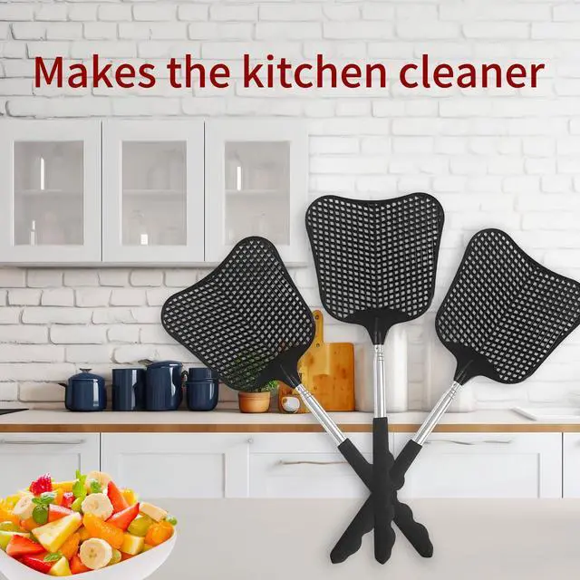 Alt view image 2 of 7 - Fly Swatters 3 Pack Black, Durable Telescopic Stainless Steel Handle, Heavy Duty Upgraded Plastic Fly Swatter Set for Indoor Outdoor Home Hiking Camping Garden