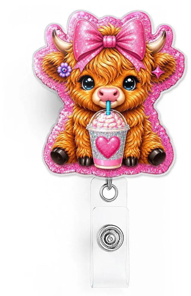 Main image of Cute Pink Highland Cow Badge Reel Highland Cow Pink Coquette Western Cute ID Badge Holder with Retractable Alligator Clip for Student Medical Assistant Co-Worker Doctor Accessories Gifts 2 Inches