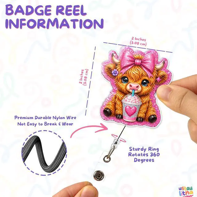 Alt view image 3 of 5 - Cute Pink Highland Cow Badge Reel Highland Cow Pink Coquette Western Cute ID Badge Holder with Retractable Alligator Clip for Student Medical Assistant Co-Worker Doctor Accessories Gifts 2 Inches