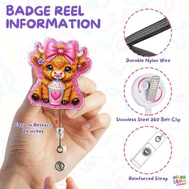 Alt view image 2 of 5 - Cute Pink Highland Cow Badge Reel Highland Cow Pink Coquette Western Cute ID Badge Holder with Retractable Alligator Clip for Student Medical Assistant Co-Worker Doctor Accessories Gifts 2 Inches