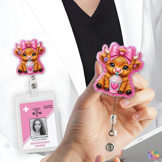 Alt view image 5 of 5 - Cute Pink Highland Cow Badge Reel Highland Cow Pink Coquette Western Cute ID Badge Holder with Retractable Alligator Clip for Student Medical Assistant Co-Worker Doctor Accessories Gifts 2 Inches