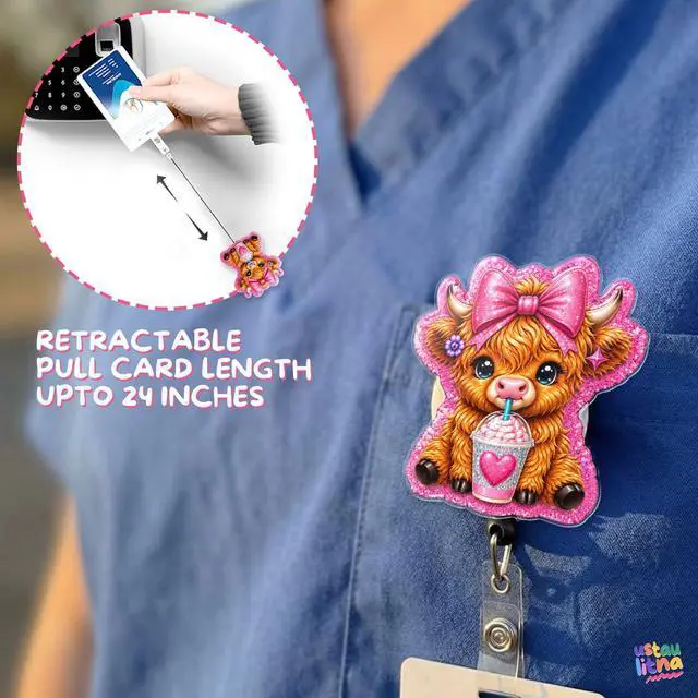 Alt view image 4 of 5 - Cute Pink Highland Cow Badge Reel Highland Cow Pink Coquette Western Cute ID Badge Holder with Retractable Alligator Clip for Student Medical Assistant Co-Worker Doctor Accessories Gifts 2 Inches